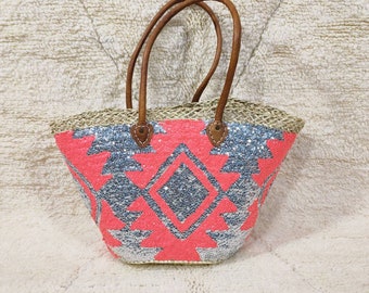 Straw beach bag with sequin , Handmade Moroccan straw basket , French basket bag , best Gift For Her , Eco-friendly bag