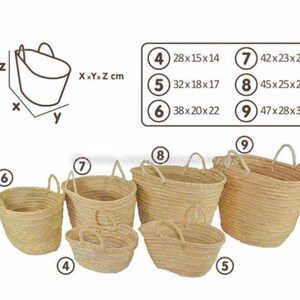 May include: A collection of woven straw baskets with handles, in various sizes. The image includes a diagram showing dimensions in centimeters, with the largest basket measuring 47cm long, 28cm wide, and 30cm high. The baskets are a natural beige color.