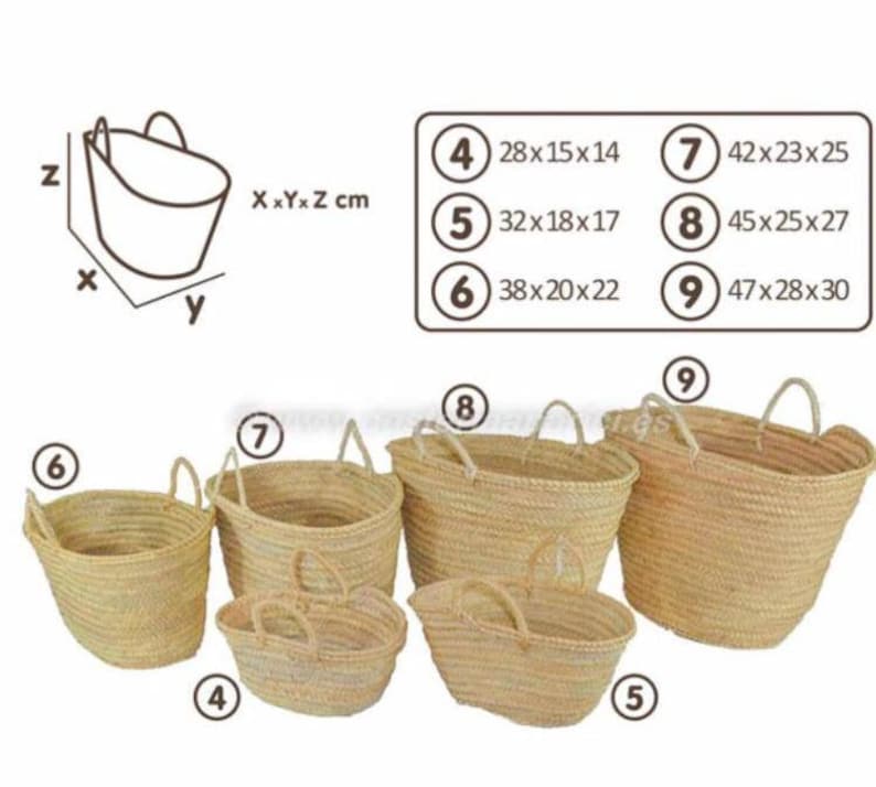 May include: A collection of woven straw baskets with handles, in various sizes. The image includes a diagram showing dimensions in centimeters, with the largest basket measuring 47cm long, 28cm wide, and 30cm high. The baskets are a natural beige color.