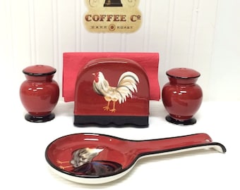 Tuscany Rooster Hand Painted Ceramic 4pcs Red Salt and pepper shaker, napkin holder, spoon rest, Table Top Set