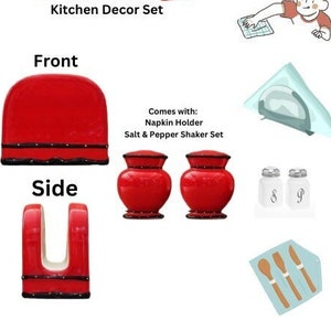 Puede incluir: Juego de decoración de cocina de cerámica roja pintada a mano. Incluye un porta servilletas, saleros y pimenteros y un porta platos.
