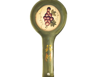 Tuscany Grape Spoon Rest – Hand Painted Ceramic Kitchen Decor, Vineyard Style Utensil Holder, Rustic Tuscan Cooking Gift