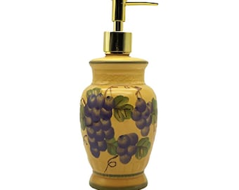 Tuscany Grape Lotion Dispenser – Hand Painted Ceramic Soap Pump – Italian Kitchen Decor – Purple Grape Sink Bottle – Rustic Vineyard Gift