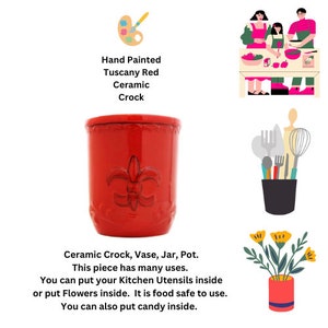 Red Fleur De lis Ceramic Utensil Pot