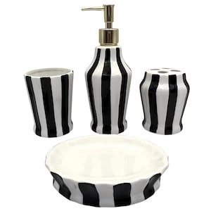 Stripe Collection 4‑Piece Sink Set – Hand‑Painted Ceramic Soap Dispenser, Toothbrush Holder, Sponge Caddy & Tray, Modern Kitchen Decor
