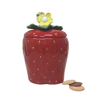 Strawberry Cookie Jar – Ceramic Kitchen Canister with Lid, Hand-Painted Fruit Jar, Airtight Storage, Farmhouse Decor, Gift for Bakers