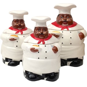 Chef Figurine Canister Set of 3 – Hand-Painted Ceramic Kitchen Canisters with Lids, Fun Counter Storage & Gift for Cooks