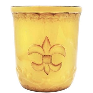 Yellow Fleur‑de‑Lis Ceramic Utensil Pot – Hand‑Painted Kitchen Crock, Cooking Utensil Holder, Farmhouse Countertop Decor, Gift for Cooks