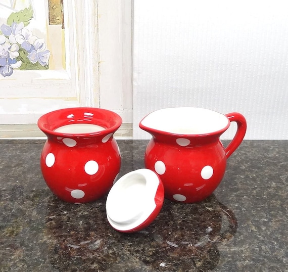 Red Polka Dot Coffee Creamer and Sugar Set