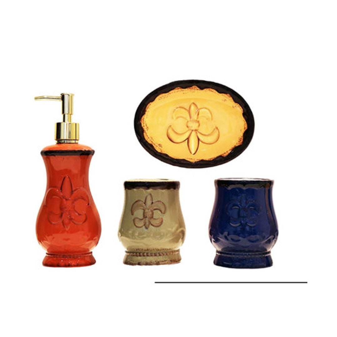 Fleur De Lis 4piece Ceramic Bathroom Set soap Dispenser, Toothbrush