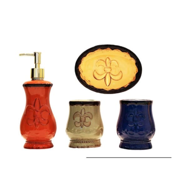 Fleur De Lis 4-Piece Ceramic Bathroom Set (Soap Dispenser, Toothbrush Holder, Cup, Bar Soap Dish)