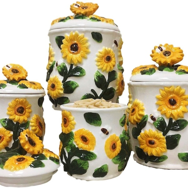 Ceramic Canister Set for Kitchen / Hand made Sunflower