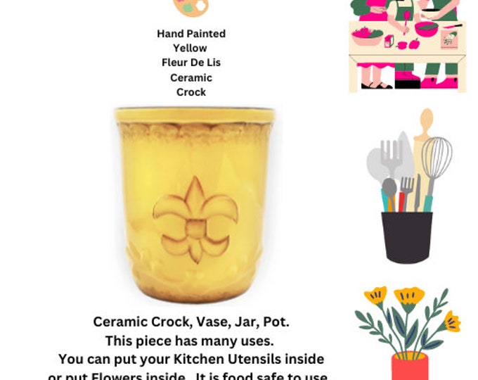 Yellow Fleur De Lis Ceramic Utensil Pot