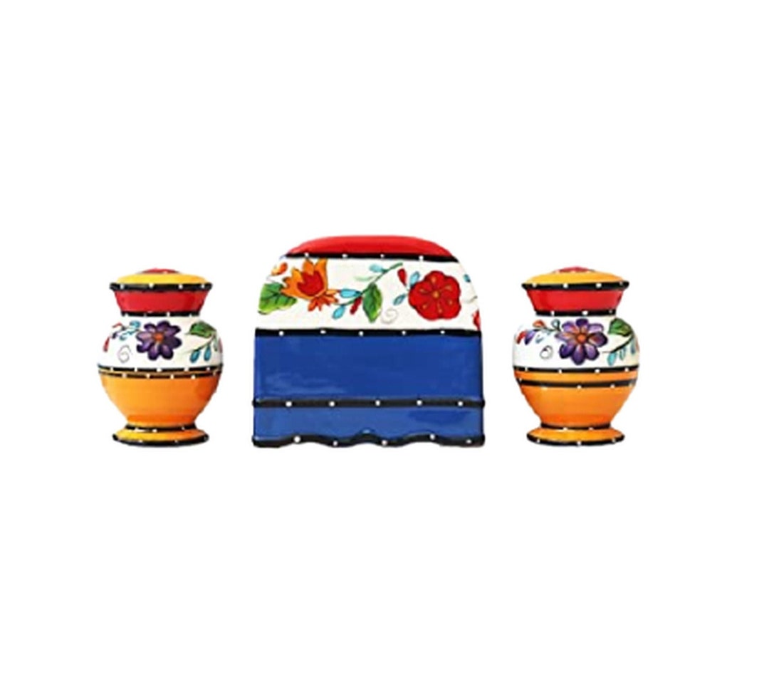 Colorful Flower Hand Painted Napkin Holder and Salt & Pepper Shaker Set