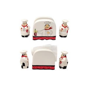 Chef Figurine Salt & Pepper Shaker and Napkin Holder Set – Hand Painted Ceramic Kitchen Table Decor and Gift for Hosts