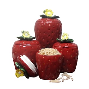 Strawberry Ceramic Canister Set – Hand-Painted Kitchen Storage Jars, Cookie Jar & Sugar Pot, Cottage‑Style Pantry Decor, Gift for Bakers
