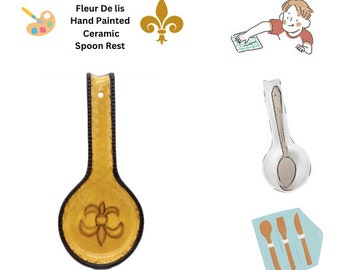 Ceramic Spoon Rest, hand painted Yellow Fleur De Lis