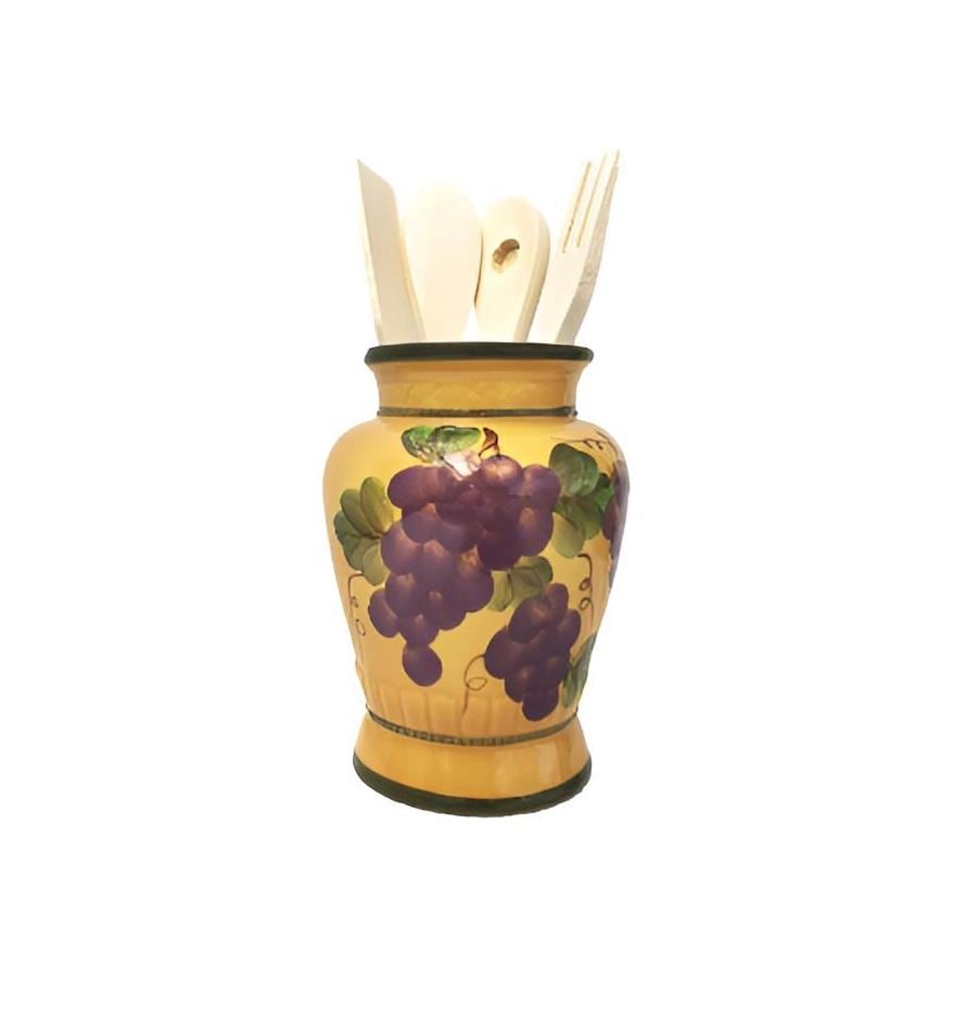 Tuscany Grape Utensil Holder, Hand Painted Ceramic Kitchen Jar – Vintage Grape Kitchen Decor – Rustic Countertop Organizer – Farmhouse Style