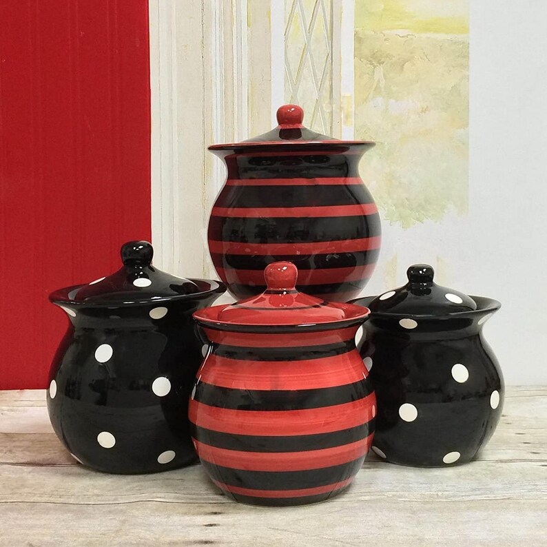 Polka Dot & Striped Ceramic Kitchen Canister Set of 4 pieces Etsy