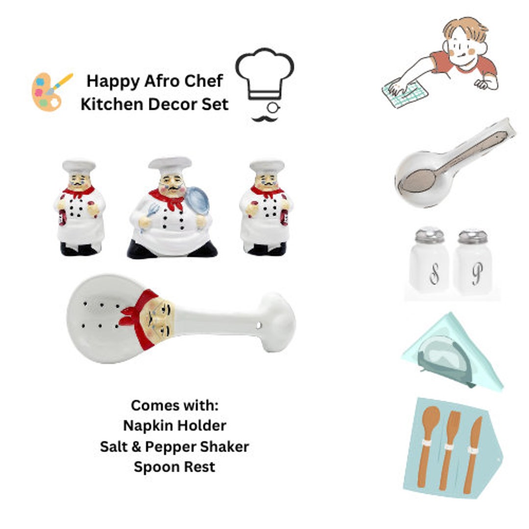Chef Figurine Salt and Pepper Shaker Set With Napkin Holder and Spoon ...
