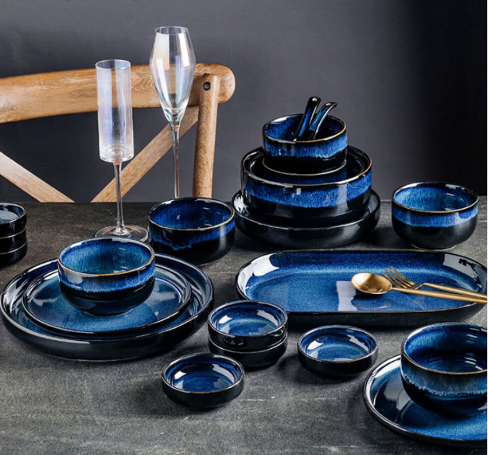 Handcrafted Japanese Dark Blue Ceramic Dinnerware Set Dinner Etsy