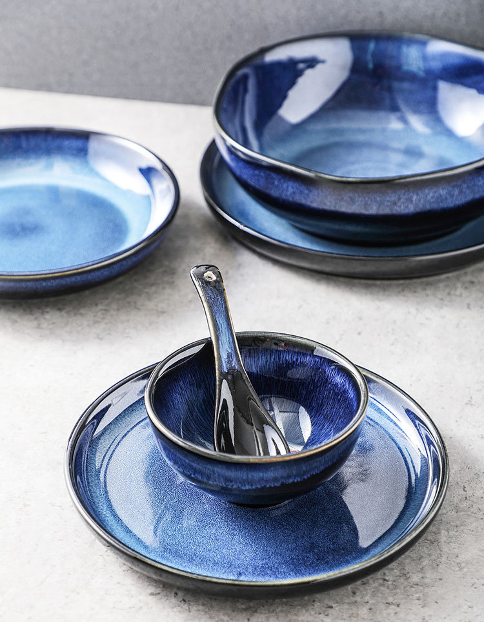 Japanese style 2/4 Person Dark Blue Ceramic Dinnerware Set Etsy