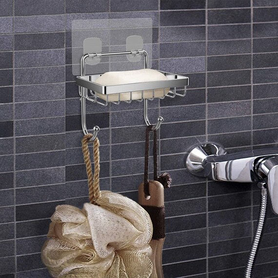 Adhesive Soap Dish Holder With Hooks Bath Shower Sponge Holder