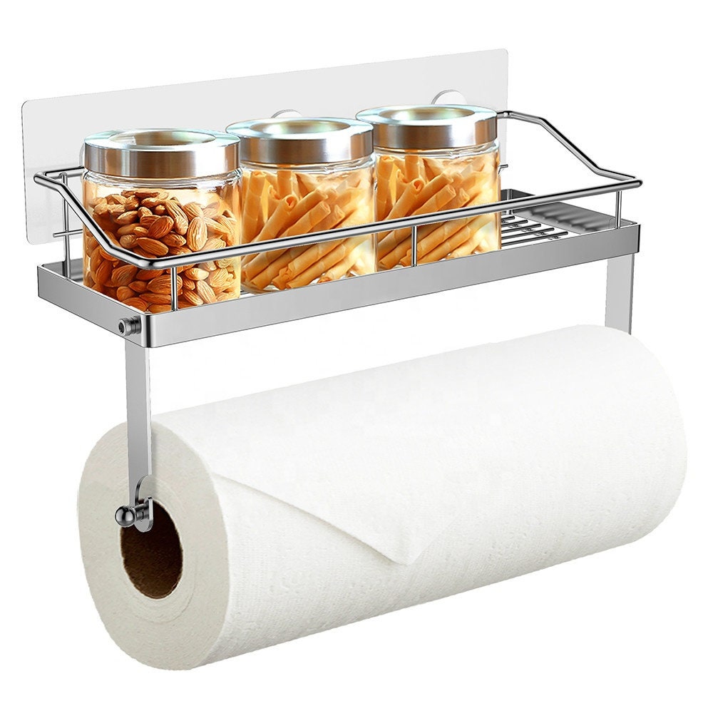 Stainless Steel No Drilling Adhesive Paper Towel Holder with Shelf Kitchen  Roll Dispenser Spice Rack Wall Mounted Bathroom Organiser Storage