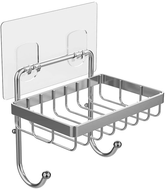 Adhesive Soap Dish Holder With Hooks Bath Shower Sponge Holder