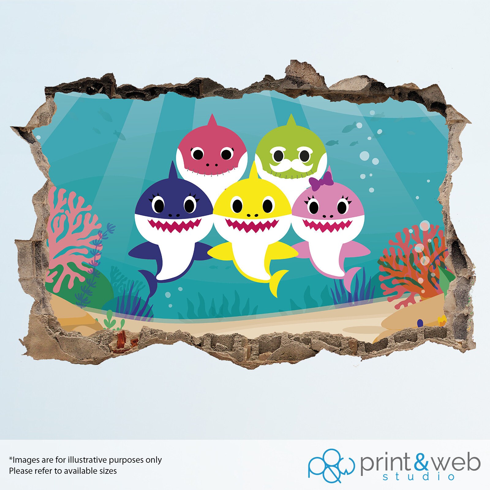Baby Shark Family Wall Smash Decal Sticker Bedroom Vinyl Mural Etsy UK
