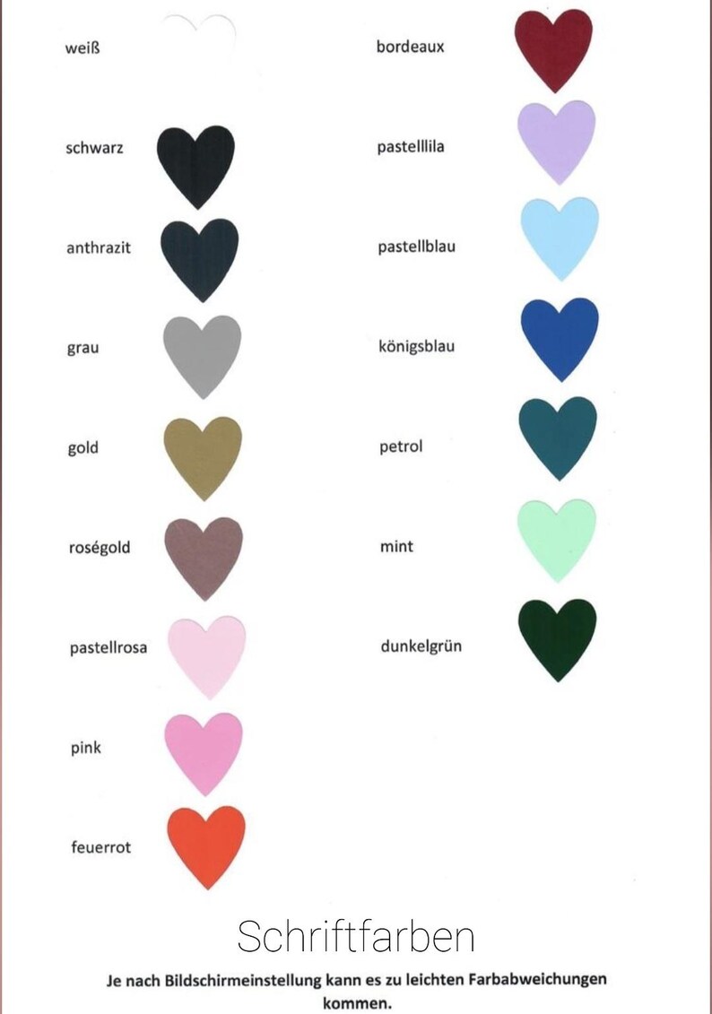 Op de afbeelding: Een grafiek die verschillende kleuren toont met hun Duitse namen. De kleuren worden weergegeven in hartvormen. De kleuren omvatten wit, zwart, antraciet, grijs, goud, ros&eacute; goud, pastelroze, roze, vuurrood, bordeaux, pastellila, pastelblauw, koningsblauw, petrol, mint en donkergroen.