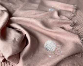 Embroidered Linen Scarf: Soft Sage Green Shawl with Dandelions
