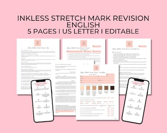 Formulaires de révision des vergetures sans encre modifiables en anglais avec suivi textuel, admission, consentement, prétraitement, suivi et FAQ, PMUA045T BP