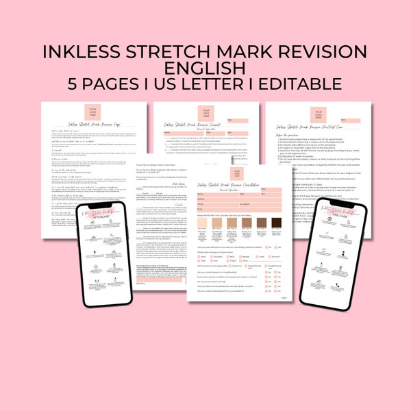 Bearbeitbare Inkless Stretch Mark Revision Forms in englischer Sprache mit Textable Aftercare, Intake, Consent, Precare, Aftercare und FAQs, PMUA045T BP