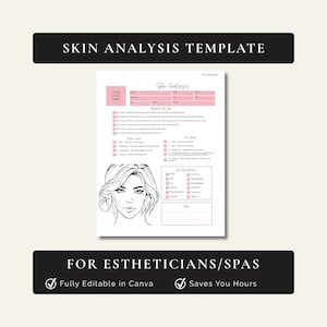 Pode incluir: Um modelo de análise de pele rosa e branco com o texto "Skin Analysis Template" no topo. O modelo inclui seções para tipo de pele, metas e características, juntamente com um desenho de linha do rosto de uma mulher. O texto na parte inferior diz "For Estheticians/Spas".