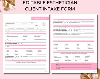 Formulario de admisión de clientes, 2 páginas, plantilla de Canva imprimible editable por bricolaje, consulta facial, formulario de cuestionario para clientes, esteticista CIF014T