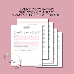 Event Dekorieren Dienstleistungen Vertragsvereinbarung, DIY bearbeitbare druckbare 5-seitige Canva-Vorlage, rosa Akzent, Hochzeitsdekorationsvereinbarung CON019