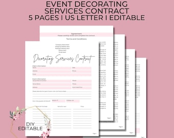 Contratto di servizi di decorazione per eventi, accordo di servizio clienti, moduli di pianificazione eventi modificabili, noleggio di attrezzature per decorazioni per matrimoni, modello Canva