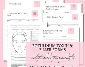 Mall för redigerbar behandlingsblankett för botulinumtoxin och fillers: Intag, samtycke, eftervård, behandlingslogg