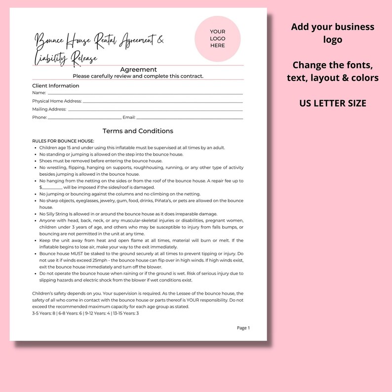 Bounce house rental contract agreement 4 page editable canva etsy