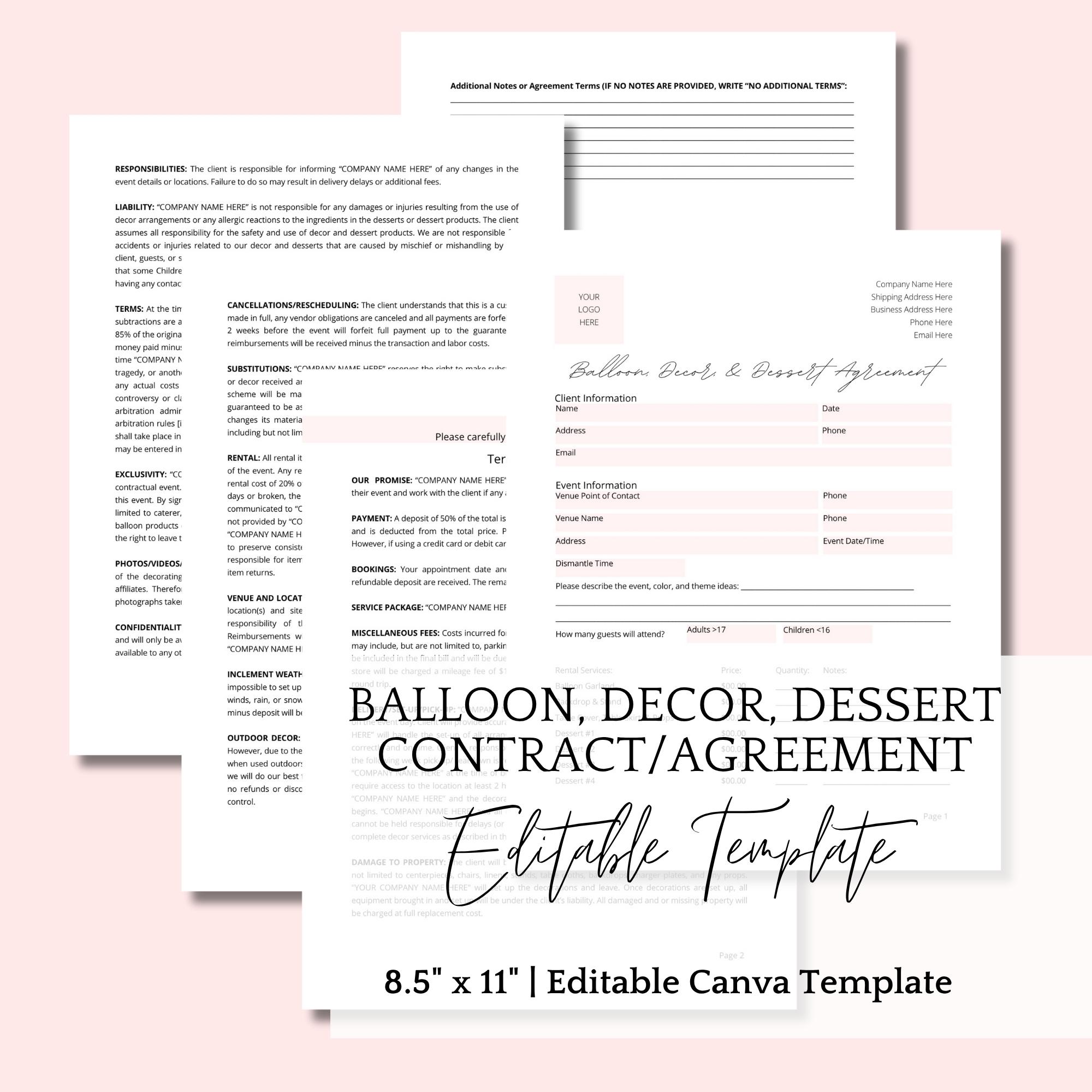 Contratto di servizio per decorazioni con palloncini e dessert, contratto di noleggio di attrezzature per eventi, catering per dessert per eventi, modello di contratto modificabile per Canva