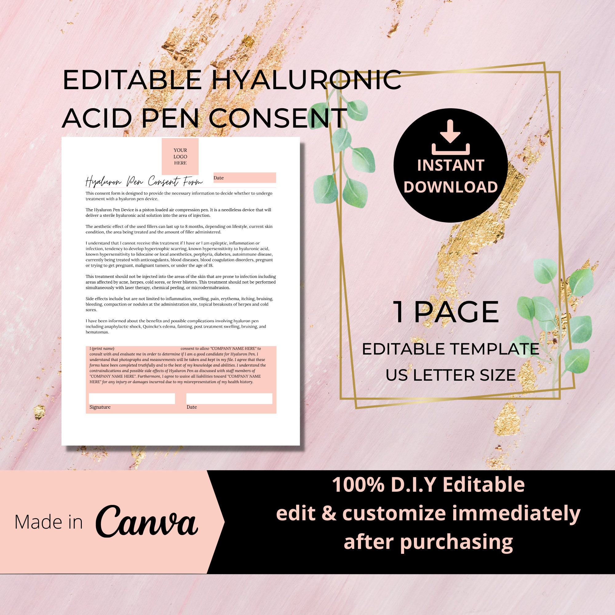 Hyaluronic Acid Pen Consent Form I DIY Editable 1 Page Canva Etsy España