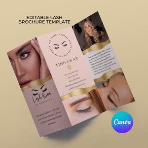 Editable Lash Extension Brochure Template, Tri-Fold Brochure Design, Printable Trifold Menu, Eyelash Extensions, Blush Pink, Gold, Lashes