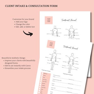 May include: A printable client intake and consultation form with a pink background. The form includes a treatment record with a line drawing of a human body with areas labelled for treatment. The form also includes a section for treatment areas and a treatment protocol.