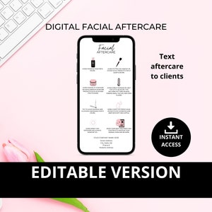 Bewerkbare digitale gezichtsnazorg, png-afbeelding, canva-sjabloon, wit roze zwart, tekstbare onderhoudsinstructies na de behandeling, FACIAL002T