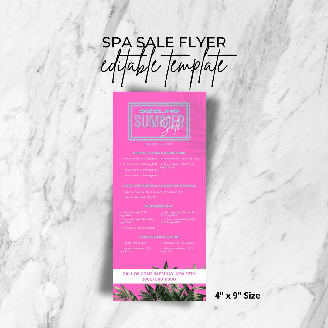 Spa Price Menu, Spa Price List, Spa Sale Flyer, Med