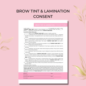 Toestemmingsformulier wenkbrauwtint lamineren, DIY bewerkbare afdrukbare canvassjabloon voor 1 pagina, formulier schoonheidsspecialiste, roze wit, wenkbrauw verven, BT018T