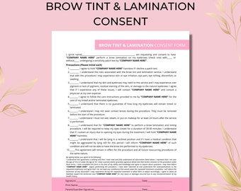 Formulaire de consentement pour la plastification de la teinte des sourcils, modèle sur toile 1 page imprimable modifiable DIY, formulaire d'esthéticienne, blanc rose, teinture des sourcils, BT018T