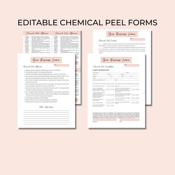 Chemical Peel Consultation Form, Chemical Peel Consent Form, Chemical Peel Aftercare, Editable Template, For Esthetician, Spa, Med Spa