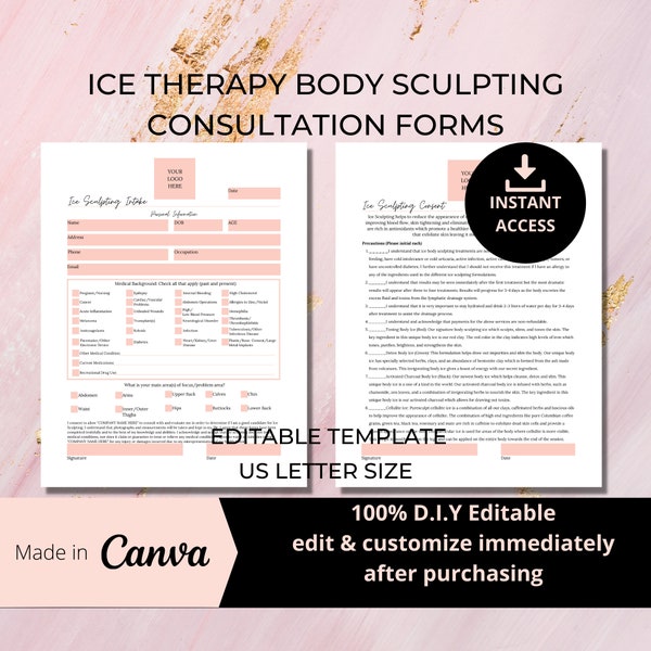 Ice Therapy Intake Form, Ice Therapy Consent Form, Body Sculpting, Body Contouring Consultation, DIY Editable, Printable, Canva Template,